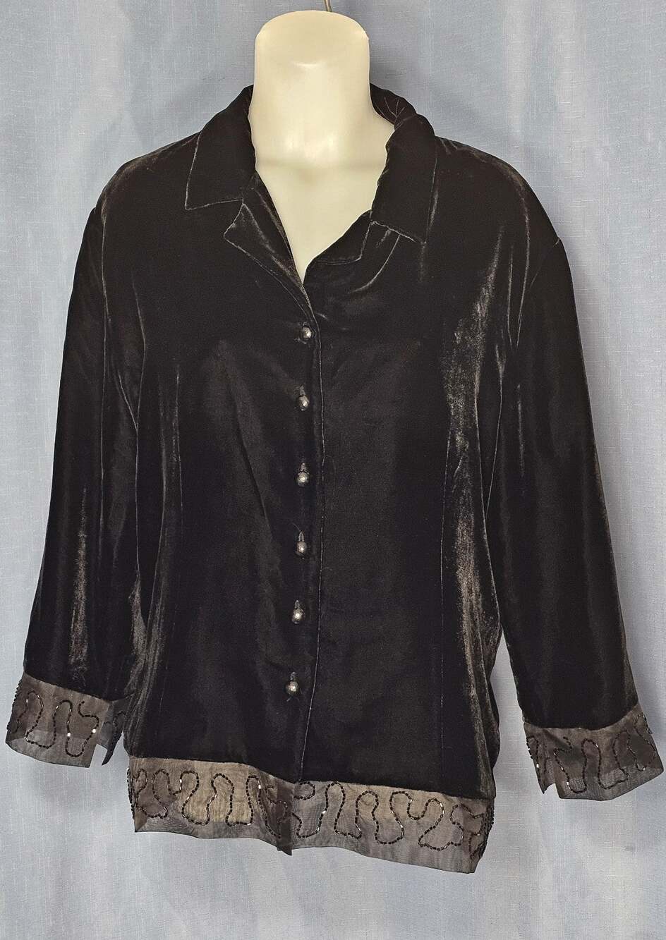 Vintage Alexandra Bartlett Silk Velvet Jacket XL Black Beaded Trim Button Blouse